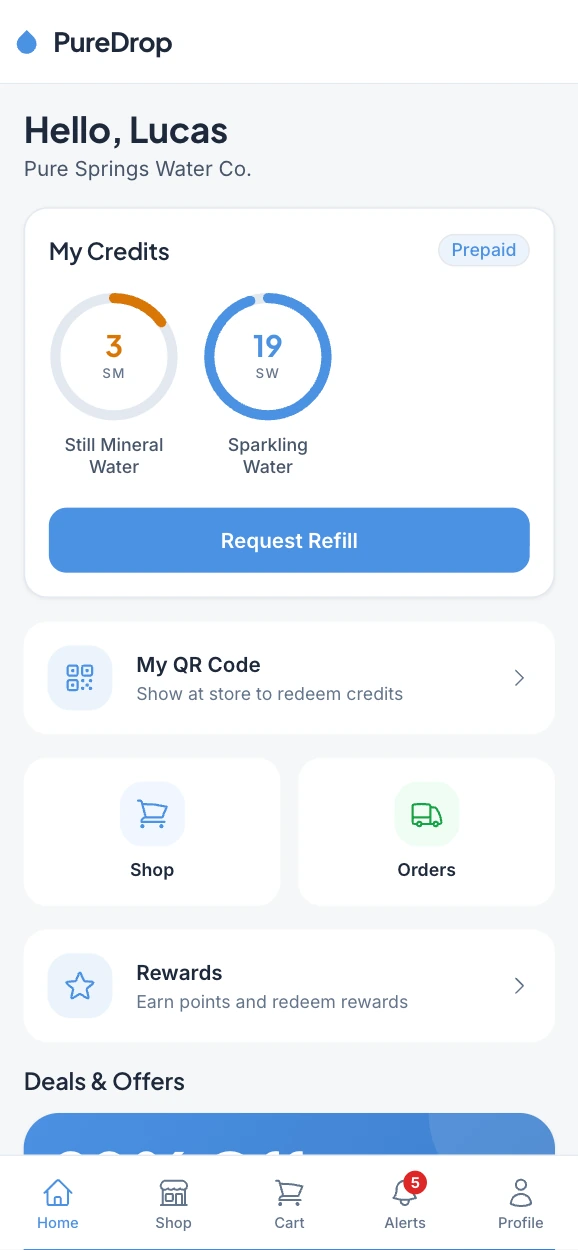 Pure Drop customer app home screen showing the wallet balance