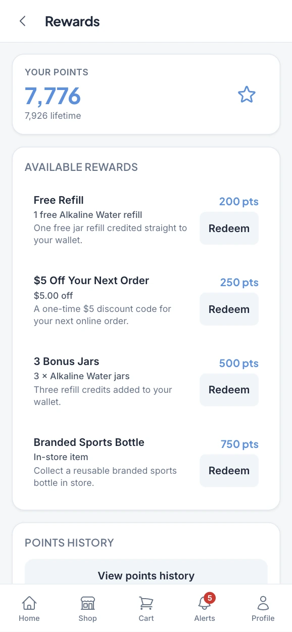 Customer app rewards screen with a points balance and rewards to redeem