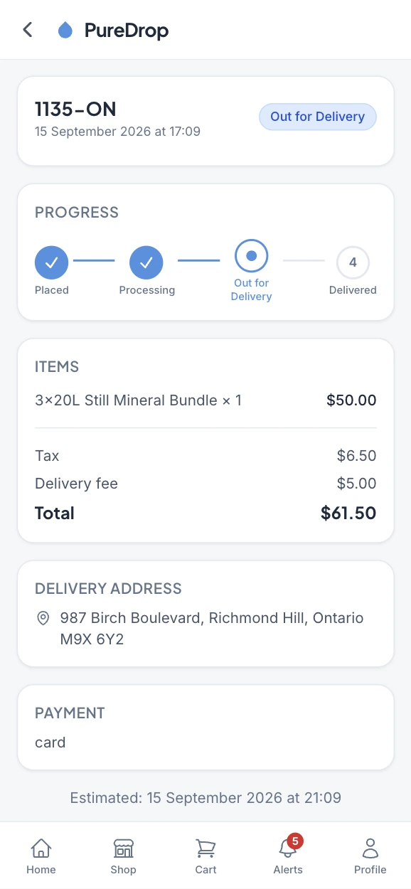 Customer app order tracking with the delivery progress, items and address