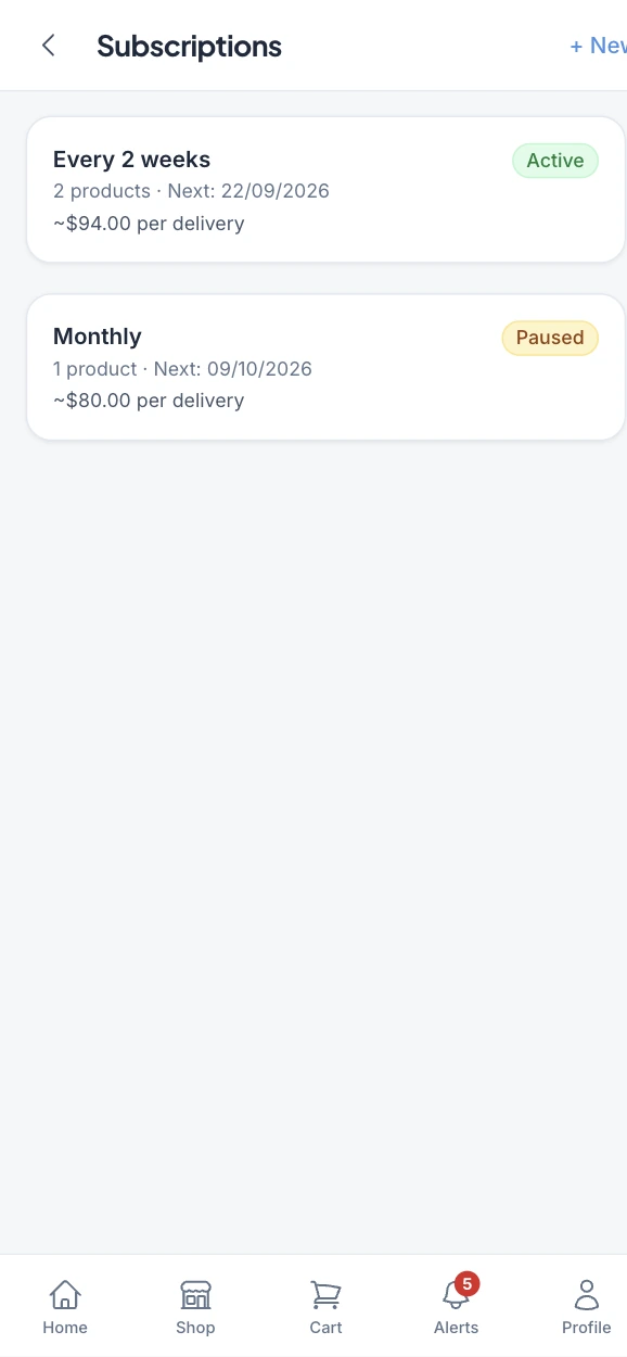 Customer app subscriptions list with a fortnightly delivery and a paused monthly one