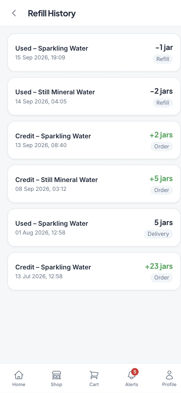 Customer app refill history showing jars credited and used