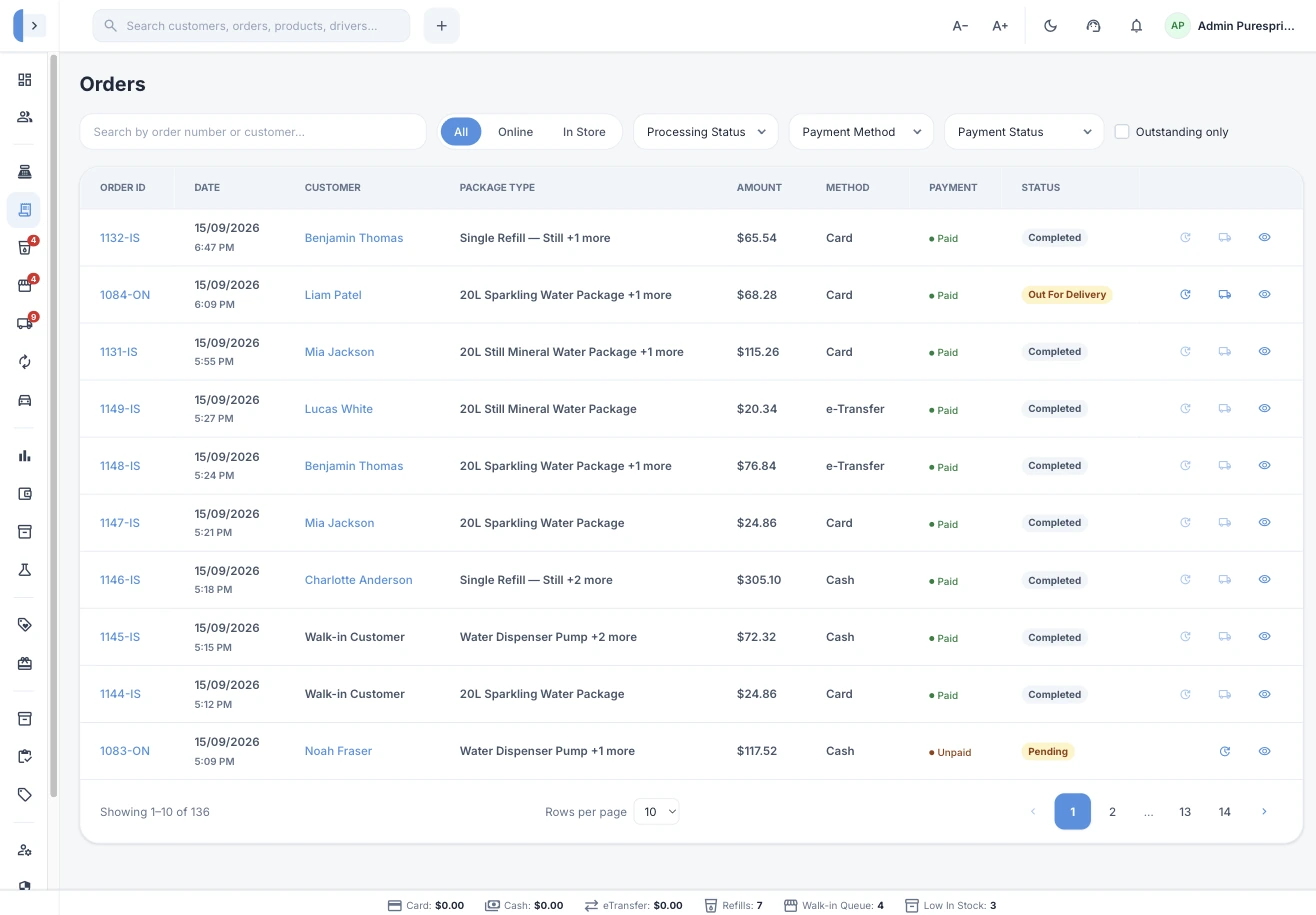 Orders board listing online and in-store orders with payment and delivery status
